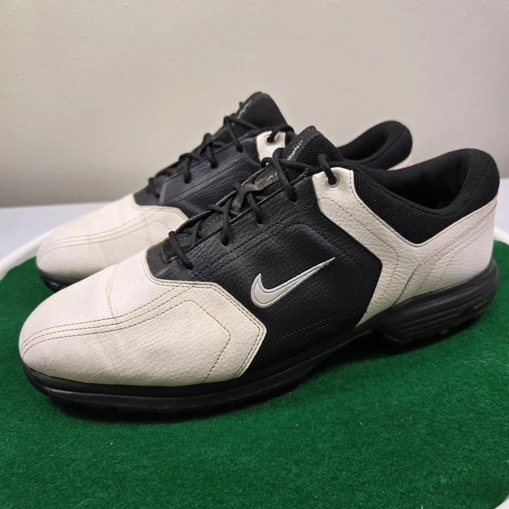 Nike Golf Heritage Shoes Mens 11.5 Black White Leather Spiked 336041-101 Lace Up
